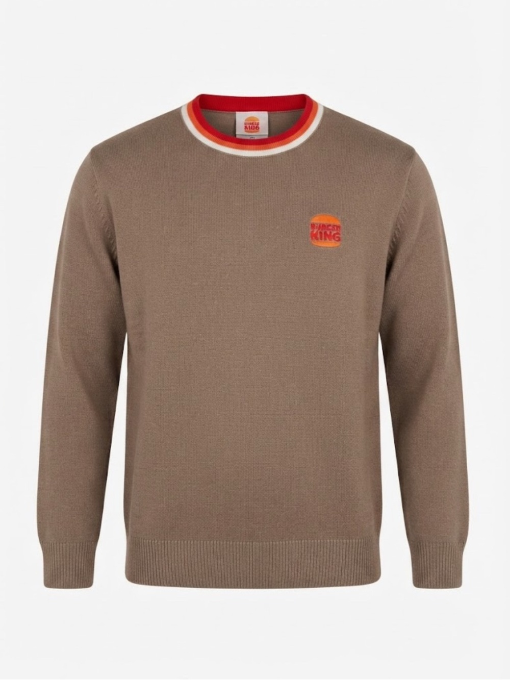 Burger King Men's Brown Grey Crewneck Sweater, Embroidered Costume Ringer, Small